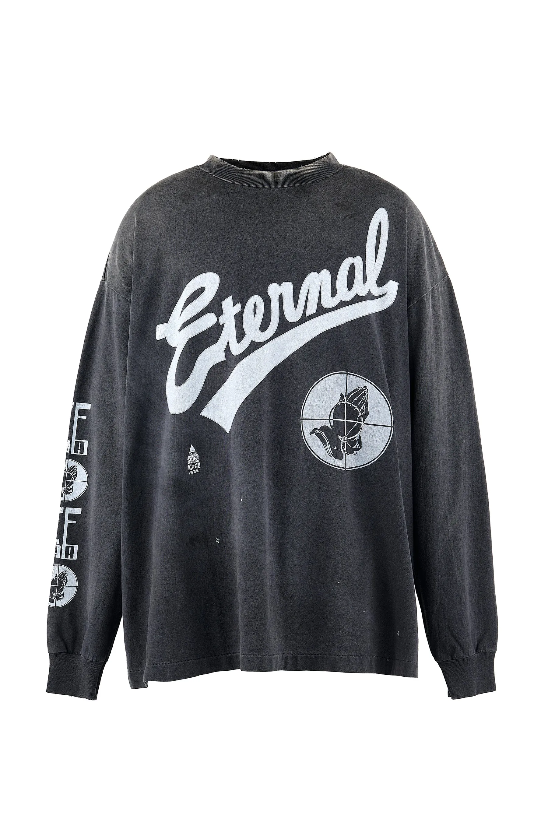 New in stock SAINT Mxxxxxx × FEAR OF GOD FG_LS TEE/SNT OF GOD/BLK FOG co-branded model SAINT OF GOD/ETERNAL prayer sight long sleeves, washed black S-XL, this season's major co-branded model, FOG manager JERRY personally carries the goods. The SAINT OF GOD series of co-branded products has gained quite a lot of buzz. Customized original co-branded SAINT OF GOD main label/washed label. Top-notch printing technology. Using silver sand and cracked pulp on the front and rear panels and heavy washing water to create a natural washed effect of printing, deep restoration